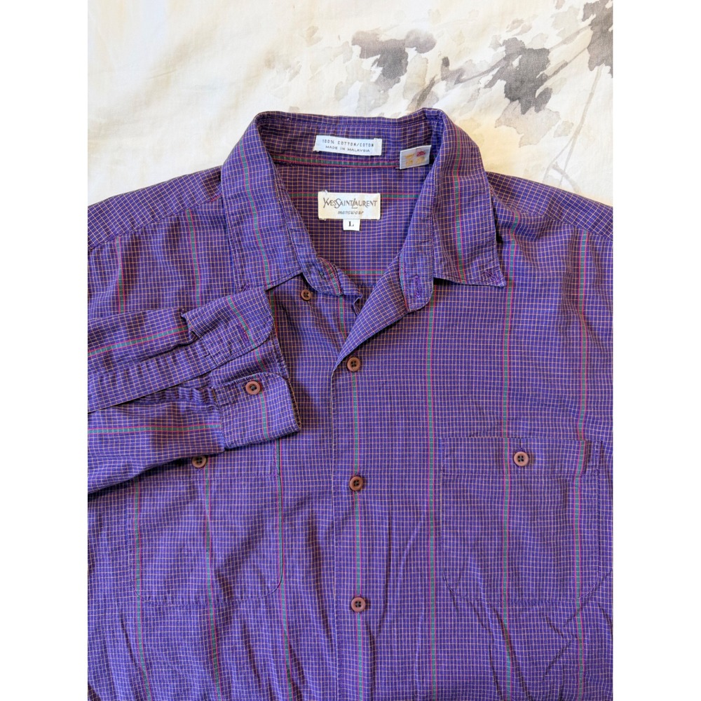 Vintage Yves Saint Laurent Mens Purple Plaid Button Down Shirt Long Sleeve L YSL